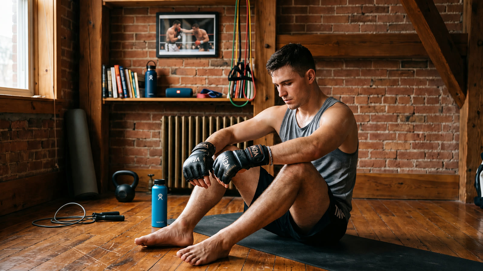 A fighter in MMA gloves sitting on a mat in a home gym, resting between rounds